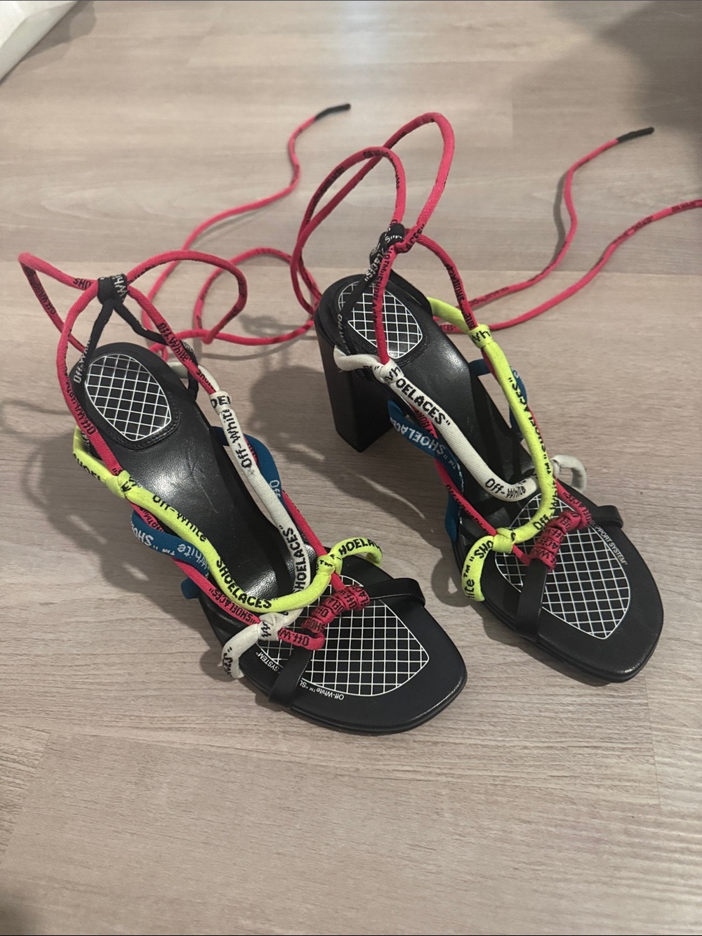 Off-White Black Multicolor Lace-Up Block Heel Sandals